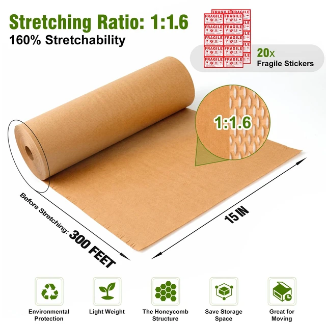 Alt view image 4 of 7 - Honeycomb Packing Paper 15" Width X 300 FT for Moving Glass Dishes Recyclable Wrapping Paper Bubble Wrap Packing Material for Shipping Fragile Items Shipping Filler with 20 Fragile Stickers