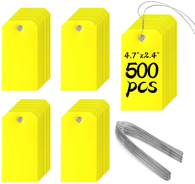Main image of 500 Pieces Plastic Shipping Tags with Wire Waterproof Hang Tags Heavy Duty Labeling Tags with String Wires Tags Labels Labeling Tags Stacking Tags for Equipment Car Parts (Yellow, 4 3/4 x 2 3/8)
