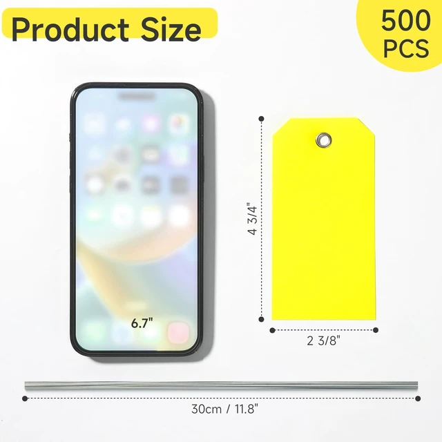 Alt view image 2 of 7 - 500 Pieces Plastic Shipping Tags with Wire Waterproof Hang Tags Heavy Duty Labeling Tags with String Wires Tags Labels Labeling Tags Stacking Tags for Equipment Car Parts (Yellow, 4 3/4 x 2 3/8)