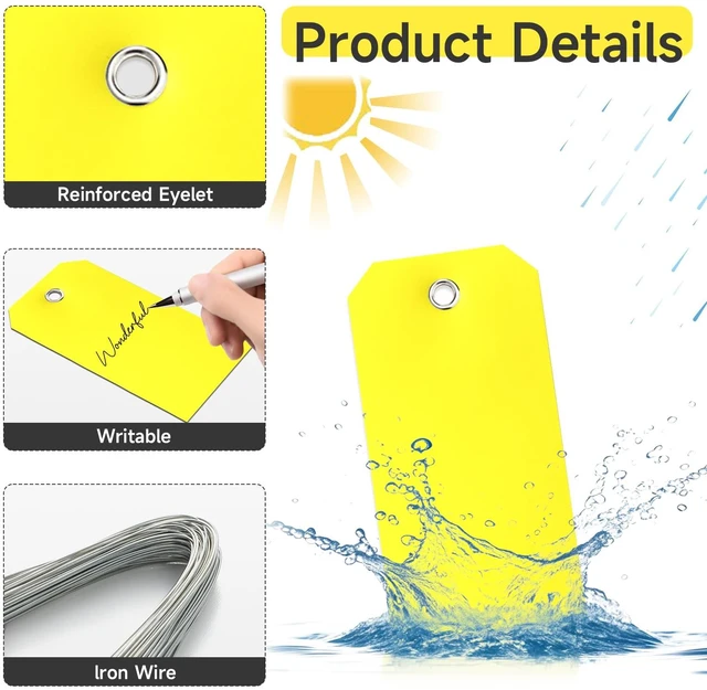 Alt view image 3 of 7 - 500 Pieces Plastic Shipping Tags with Wire Waterproof Hang Tags Heavy Duty Labeling Tags with String Wires Tags Labels Labeling Tags Stacking Tags for Equipment Car Parts (Yellow, 4 3/4 x 2 3/8)