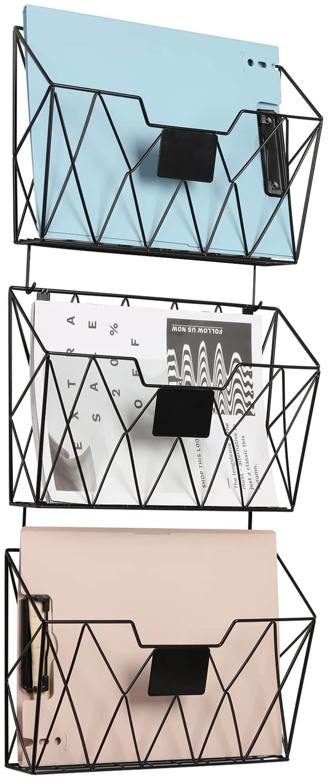 Main image of Wall File Organizer, Hanging File Holder & Basket Set of 3, Black Hanging File Rack with Hooks, Mail Organizer, Metal Wall Storage for Office Living Room School Classroom Home