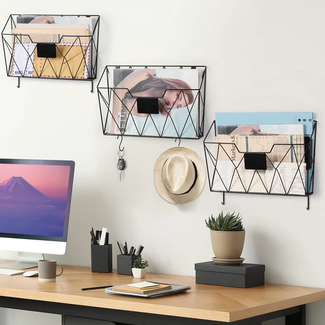 Alt view image 2 of 7 - Wall File Organizer, Hanging File Holder & Basket Set of 3, Black Hanging File Rack with Hooks, Mail Organizer, Metal Wall Storage for Office Living Room School Classroom Home