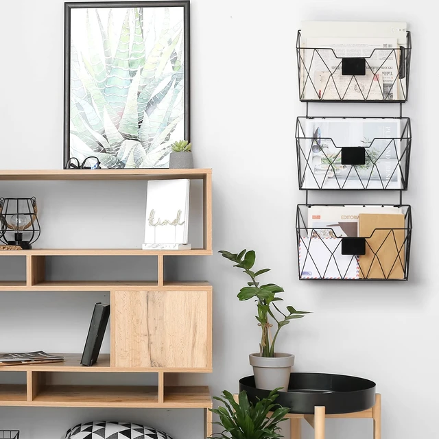 Alt view image 5 of 7 - Wall File Organizer, Hanging File Holder & Basket Set of 3, Black Hanging File Rack with Hooks, Mail Organizer, Metal Wall Storage for Office Living Room School Classroom Home