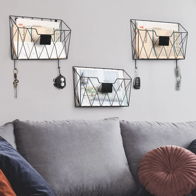 Alt view image 6 of 7 - Wall File Organizer, Hanging File Holder & Basket Set of 3, Black Hanging File Rack with Hooks, Mail Organizer, Metal Wall Storage for Office Living Room School Classroom Home