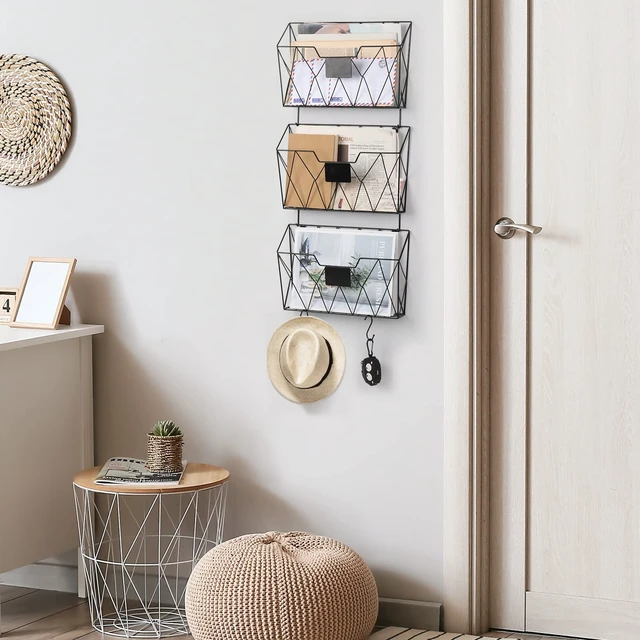 Alt view image 7 of 7 - Wall File Organizer, Hanging File Holder & Basket Set of 3, Black Hanging File Rack with Hooks, Mail Organizer, Metal Wall Storage for Office Living Room School Classroom Home