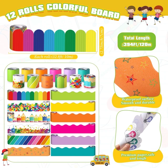 Alt view image 2 of 6 - 394ft 12 Rolls Colorful Rainbow Bulletin Board Borders Decoration School Bulletin Board Decoration, Confetti Stripes Scalloped Borders Trim, Bright Classroom Decor for Chalkboard