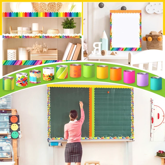 Alt view image 6 of 6 - 394ft 12 Rolls Colorful Rainbow Bulletin Board Borders Decoration School Bulletin Board Decoration, Confetti Stripes Scalloped Borders Trim, Bright Classroom Decor for Chalkboard
