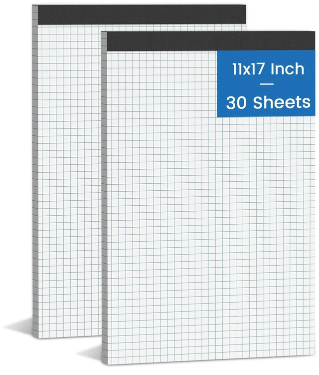 Main image of 2 Pack Graph Paper Pad 11x17, 4x4 Quad Ruled Blueprint Quadrille Paper Blueprint Drawings, Drafting, Engineering Drawing, and Planning, Perforated Large Grid Paper Drafting Paper, 30 Sheets/Pad