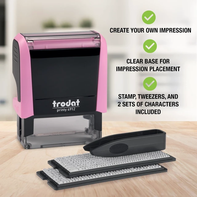 Alt view image 2 of 7 - Printy 4912 Self Inking DIY Stamp Kit Black Ink, 3/4 x 1-7/8 Do It Yourself Stamp in Pastel Pink; Up to 4 lines for custom message; Tweezers and 2 character sets included; Black Ink