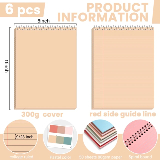 Alt view image 2 of 7 - 6Pcs Morandi Top Spiral Notebooks 8.5x11 College Ruled Steno Pads 8.5x11 Aesthetic Legal Pad, 6 Pack 54-Sheet Colored Paper, Top Bound Steno Pad for Writing School Office Supplies Note Taking