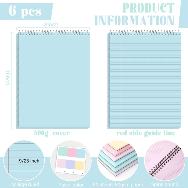 Alt view image 2 of 7 - 6Pcs Pastel Top Spiral Notebooks 8.5x11 College Ruled Steno Pads 8.5x11 Aesthetic Legal Pad, 6 Pack 50-Sheet Colored Paper, Top Bound Steno Pad for Writing School Office Supplies Note Taking
