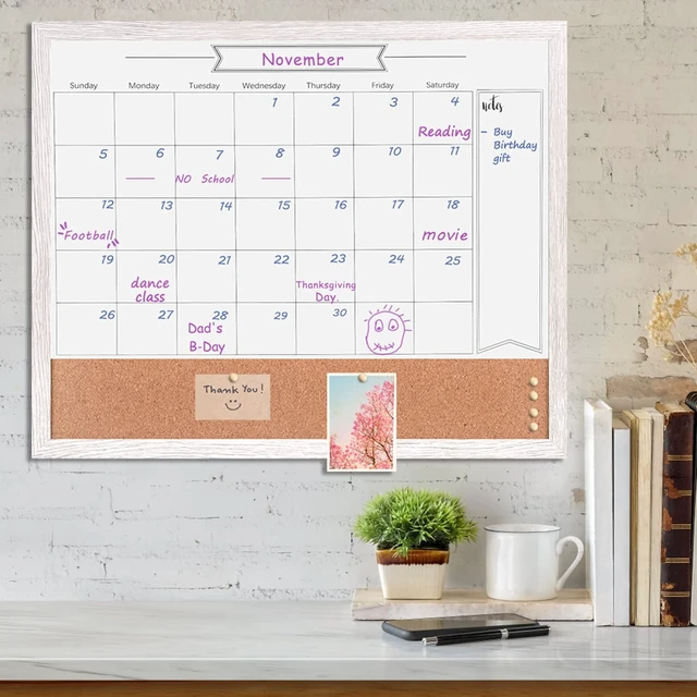 Alt view image 3 of 6 - Dry Erase Calendar Whiteboard for Wall, Large Combination Magnetic Dry Erase White Board & Bulletin Board, 23.6" x 31.5" Wood Framed Calendar/Cork Combo Board(WH-6080)