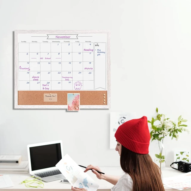 Alt view image 4 of 6 - Dry Erase Calendar Whiteboard for Wall, Large Combination Magnetic Dry Erase White Board & Bulletin Board, 23.6" x 31.5" Wood Framed Calendar/Cork Combo Board(WH-6080)