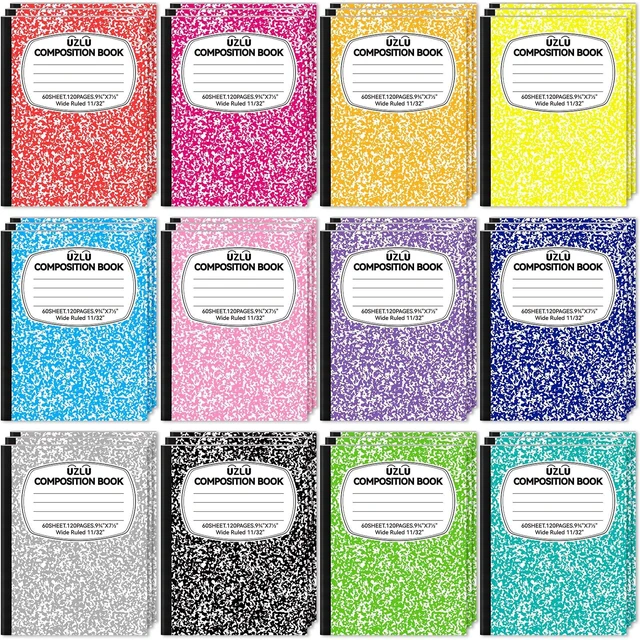 Main image of 36 Pack Large Composition Notebooks 9.75 x 7.5 In Wide Ruled 12 Assorted Colors Marble Covers, 60 Sheets per Book, Durable Writing Page for Student Classroom College Notes & Office Use