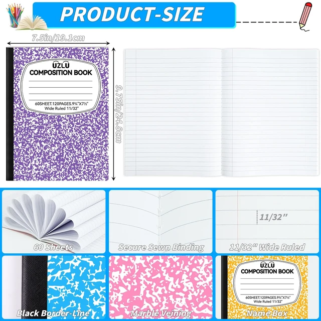 Alt view image 2 of 7 - 36 Pack Large Composition Notebooks 9.75 x 7.5 In Wide Ruled 12 Assorted Colors Marble Covers, 60 Sheets per Book, Durable Writing Page for Student Classroom College Notes & Office Use