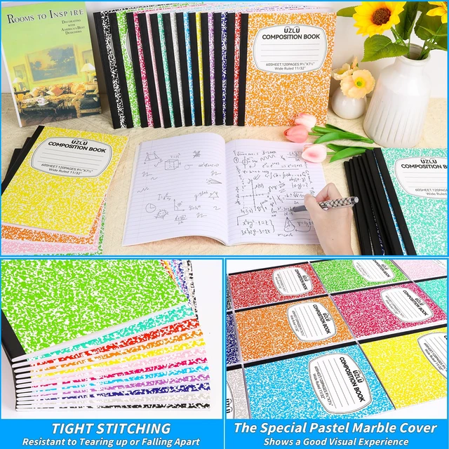 Alt view image 4 of 7 - 36 Pack Large Composition Notebooks 9.75 x 7.5 In Wide Ruled 12 Assorted Colors Marble Covers, 60 Sheets per Book, Durable Writing Page for Student Classroom College Notes & Office Use