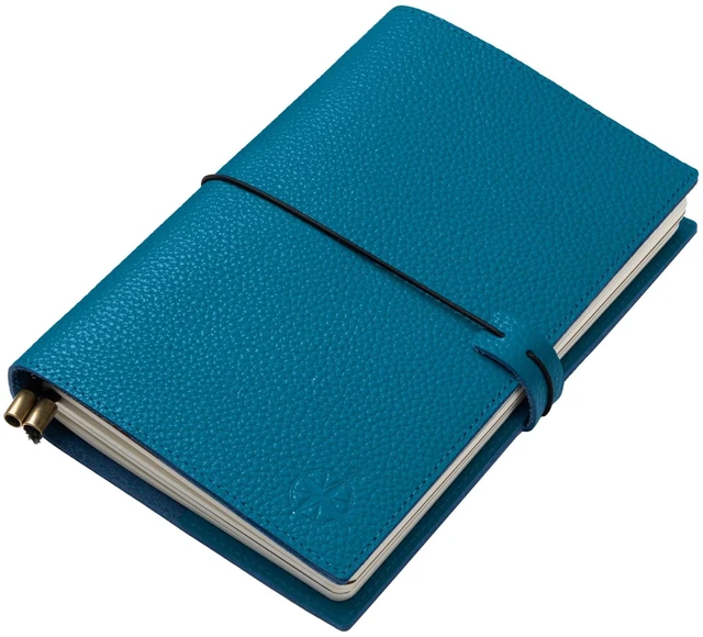 Main image of A5 Refillable Journal Notebook with Pockets Genuine Pebbled Leather in Blue 6" x 8.5" (15 x 22cm) with 120 GSM Blank Inserts