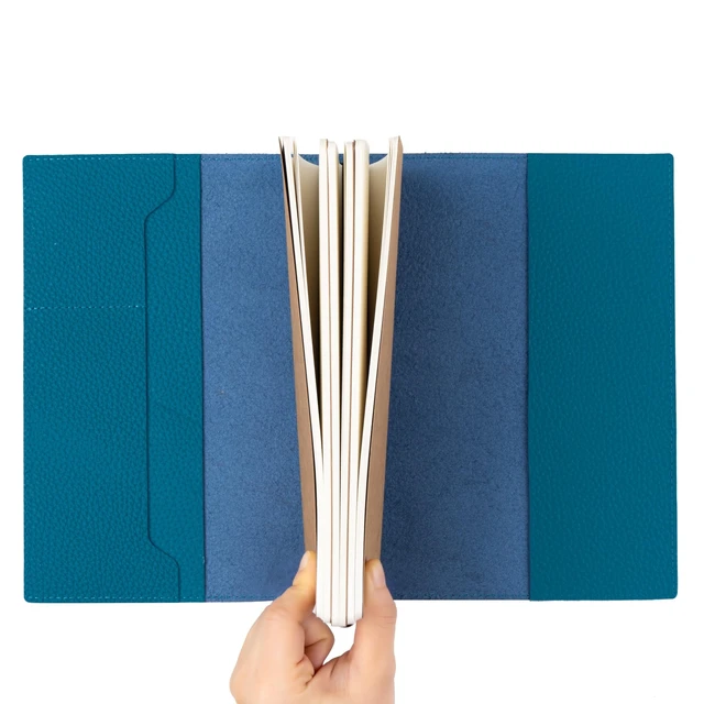 Alt view image 2 of 7 - A5 Refillable Journal Notebook with Pockets Genuine Pebbled Leather in Blue 6" x 8.5" (15 x 22cm) with 120 GSM Blank Inserts