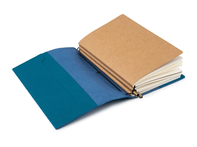 Alt view image 4 of 7 - A5 Refillable Journal Notebook with Pockets Genuine Pebbled Leather in Blue 6" x 8.5" (15 x 22cm) with 120 GSM Blank Inserts