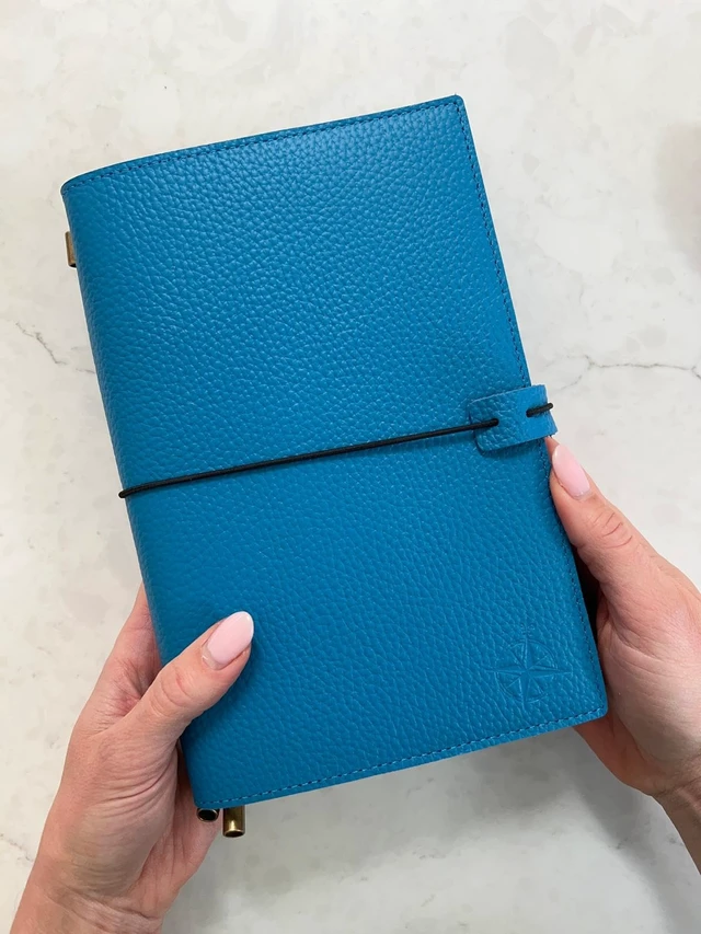 Alt view image 6 of 7 - A5 Refillable Journal Notebook with Pockets Genuine Pebbled Leather in Blue 6" x 8.5" (15 x 22cm) with 120 GSM Blank Inserts