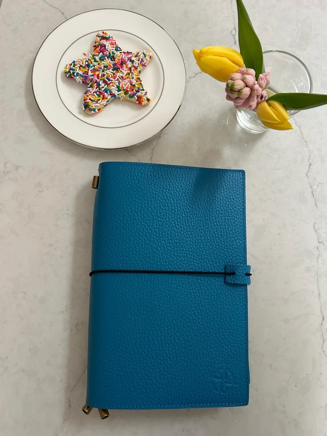 Alt view image 7 of 7 - A5 Refillable Journal Notebook with Pockets Genuine Pebbled Leather in Blue 6" x 8.5" (15 x 22cm) with 120 GSM Blank Inserts