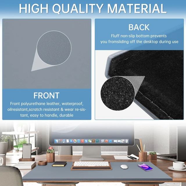 Alt view image 2 of 7 - 35.4"x 18.9" Soft PU Leather Surface Office Desk Mouse Mat Anti-Push Pad with Full Grip Fixation Lip Table Blotter Edge-Locked Protector Grey