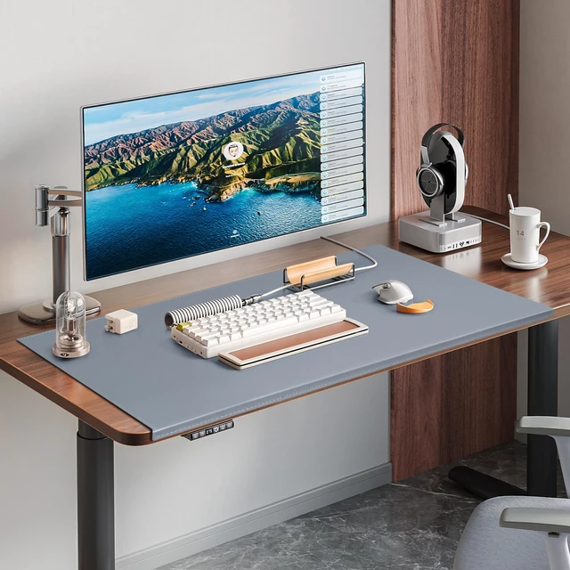 Alt view image 4 of 7 - 35.4"x 18.9" Soft PU Leather Surface Office Desk Mouse Mat Anti-Push Pad with Full Grip Fixation Lip Table Blotter Edge-Locked Protector Grey