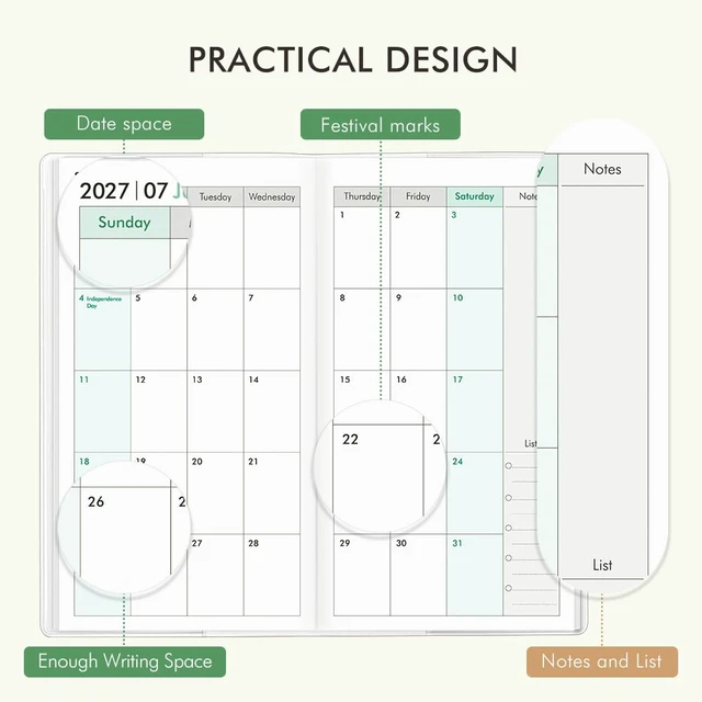 Alt view image 6 of 7 - Pocket Calendar 2027-2028 for Purse,Small Pocket Planner 2027-2028 for Purse 3.5×6.5In,24 Month Organizer from Jan 2027- December 2028 Mini Planner with Pvc Cover for Organizing & Planning