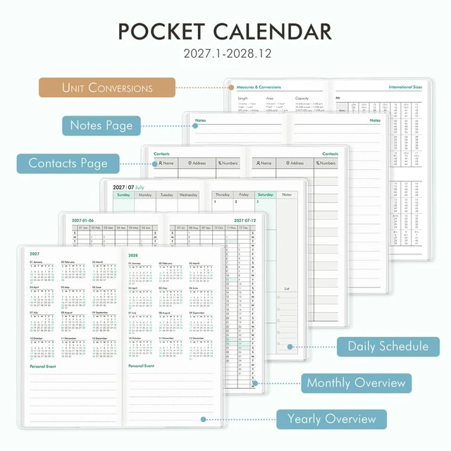 Alt view image 2 of 7 - Pocket Calendar 2027-2028 for Purse,Small Pocket Planner 2027-2028 for Purse 3.5×6.5In,24 Month Organizer from Jan 2027- December 2028 Mini Planner with Pvc Cover for Organizing & Planning