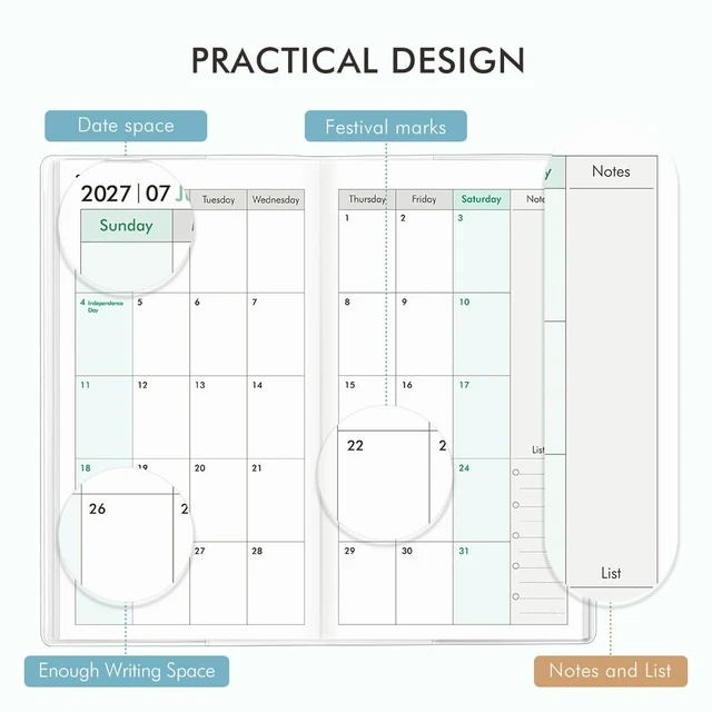 Alt view image 7 of 7 - Pocket Calendar 2027-2028 for Purse,Small Pocket Planner 2027-2028 for Purse 3.5×6.5In,24 Month Organizer from Jan 2027- December 2028 Mini Planner with Pvc Cover for Organizing & Planning