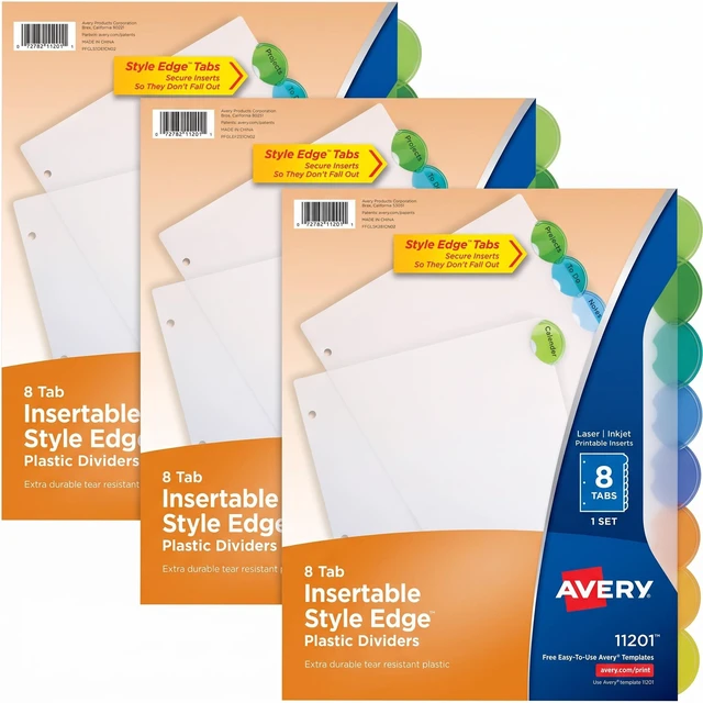 Main image of Insertable Style Edge Plastic Dividers for 3 Ring Binders, 8-Tab Set, Multicolor, 1 Set (11201) (Pack of 3)