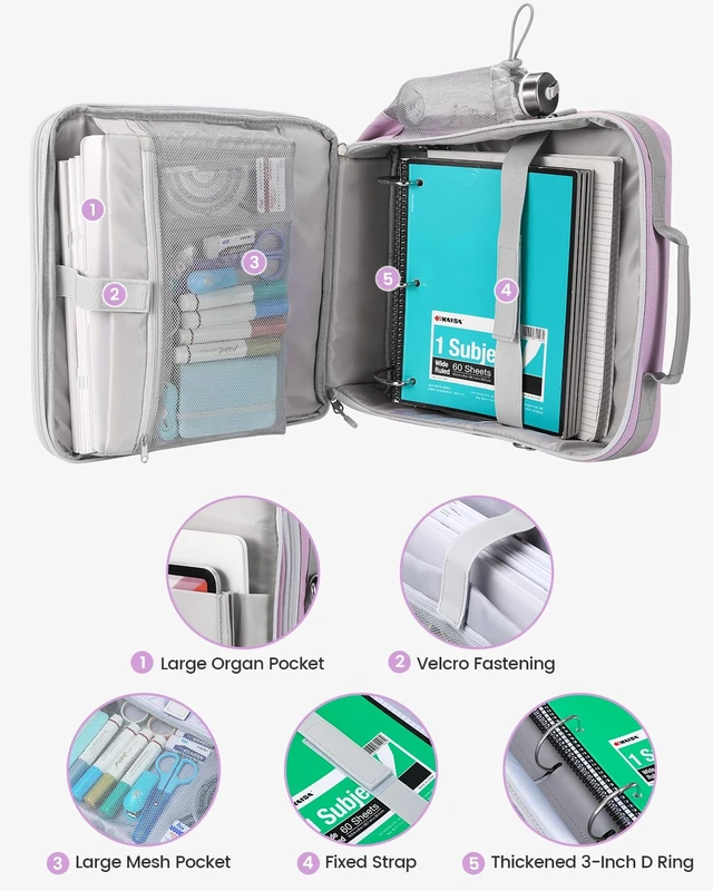 Alt view image 3 of 7 - Zipper Binder 3 Inch D-Ring 3 Ring with Water Bottle Holder Binder with Strap for School/Office, 700 Sheet Capacity-Multiple Pockets, Fit for 13" Tablet/Laptop, Purple