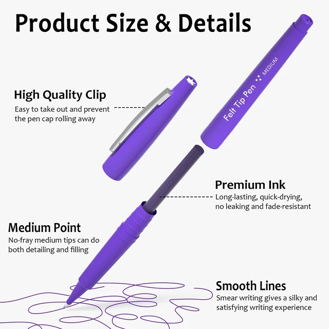 Alt view image 3 of 7 - Felt Tip Pens, 40 Purple Pens, 0.7mm Medium Point, Felt Tip Markers Pens for Journaling, Writing, Note Taking, Planner, Perfect for Art Office and School Supplies