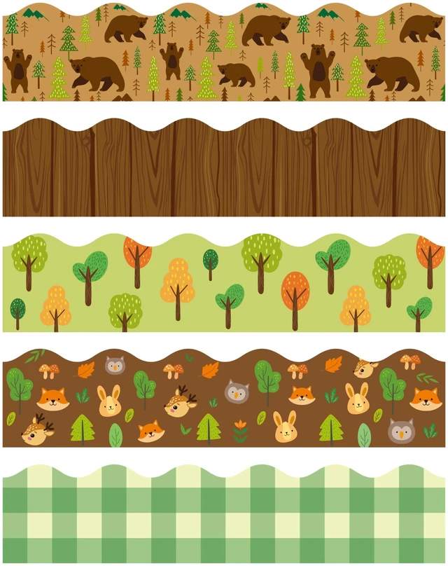 Main image of 80Pcs Woodland Animals Bulletin Board Borders Back to School Brown and Green Bear Wood Grain Plaid Scalloped Border Trim Elementary Kindergarten Preschool Classroom Chalkboard Party Decoration