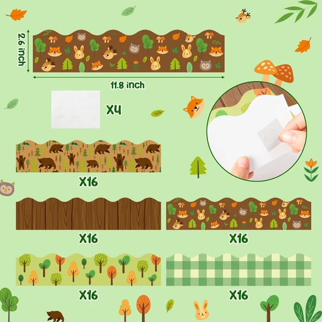 Alt view image 2 of 6 - 80Pcs Woodland Animals Bulletin Board Borders Back to School Brown and Green Bear Wood Grain Plaid Scalloped Border Trim Elementary Kindergarten Preschool Classroom Chalkboard Party Decoration