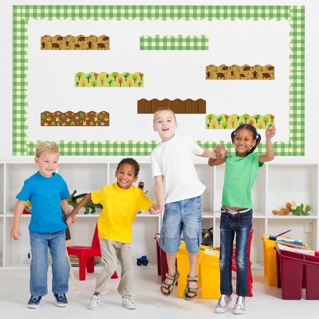 Alt view image 3 of 6 - 80Pcs Woodland Animals Bulletin Board Borders Back to School Brown and Green Bear Wood Grain Plaid Scalloped Border Trim Elementary Kindergarten Preschool Classroom Chalkboard Party Decoration