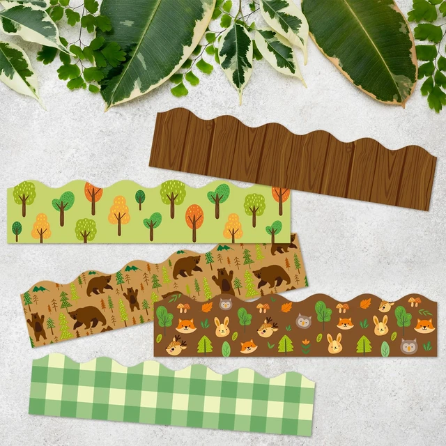 Alt view image 4 of 6 - 80Pcs Woodland Animals Bulletin Board Borders Back to School Brown and Green Bear Wood Grain Plaid Scalloped Border Trim Elementary Kindergarten Preschool Classroom Chalkboard Party Decoration
