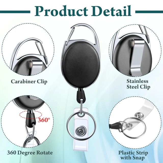 Alt view image 3 of 6 - 100 Pack Retractable Badge Holder Reel with Clip,Black Key Ring Attachment, Heavy Duty Reel for ID Cards, For Office Nurses Doctors Employees Students, Bulk Pack with Clip