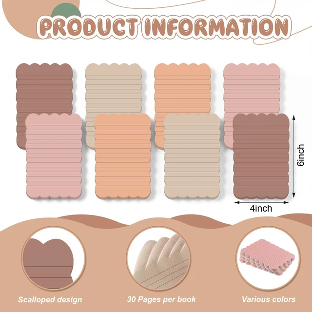 Alt view image 2 of 6 - 8 Pack Scalloped Sticky Notes Lined 4" X 6" Brown Memo Pads Aesthetic Cute Wavy Edges, Self-stick for School Office Desk, 240 Sheets Bulk, Pretty Design for Reminders Planning