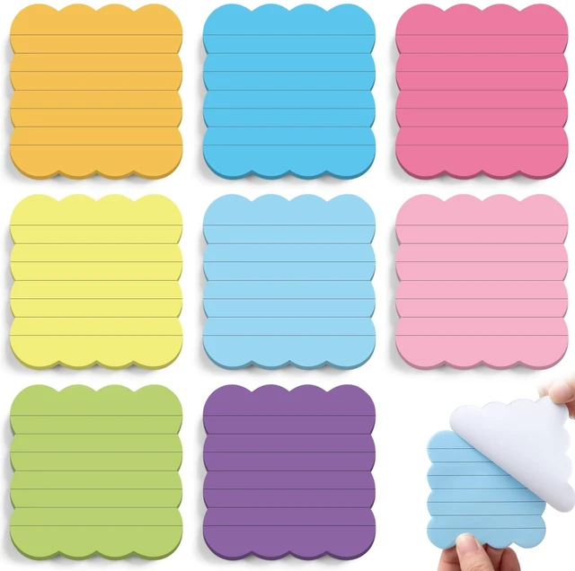 Main image of 8 Pack Scalloped Sticky Notes Lined 3" X 3" Rainbow Memo Pads Aesthetic Cute Wavy Edges, Self-stick for School Office Desk, 240 Sheets Bulk, Pretty Design for Reminders Planning