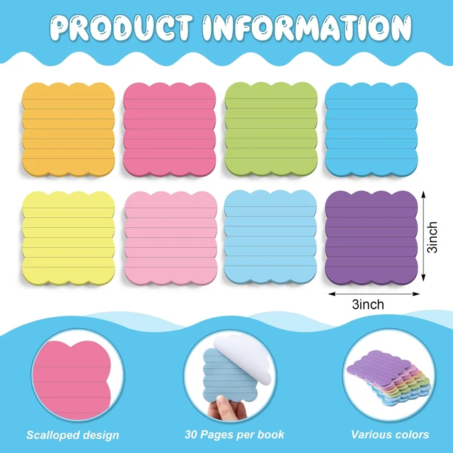 Alt view image 2 of 6 - 8 Pack Scalloped Sticky Notes Lined 3" X 3" Rainbow Memo Pads Aesthetic Cute Wavy Edges, Self-stick for School Office Desk, 240 Sheets Bulk, Pretty Design for Reminders Planning