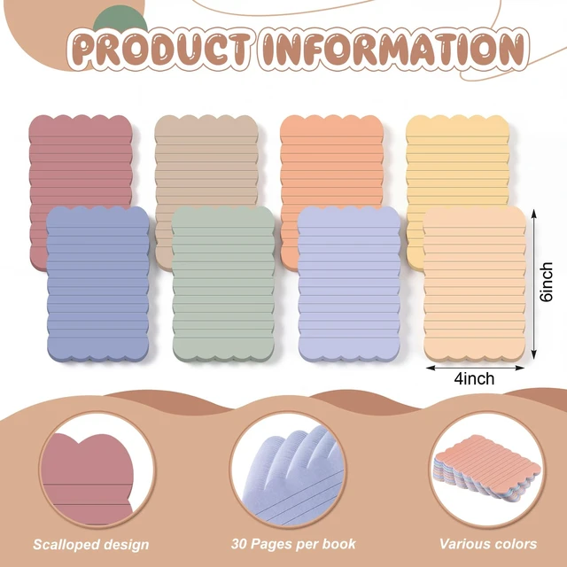 Alt view image 2 of 6 - 8 Pack Scalloped Sticky Notes Lined 4" X 6" Morandii Memo Pads Aesthetic Cute Wavy Edges, Self-stick for School Office Desk, 240 Sheets Bulk, Pretty Design for Reminders Planning