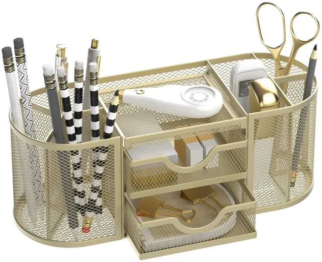 Main image of Mesh Desk Organizer, Pen Holder for Desk with 2 Drawers, Yellow Desk Organizers and Accessories with 8 Compartments and 2 Drawers, Pencil Holder for Desk for Small Office Supplies