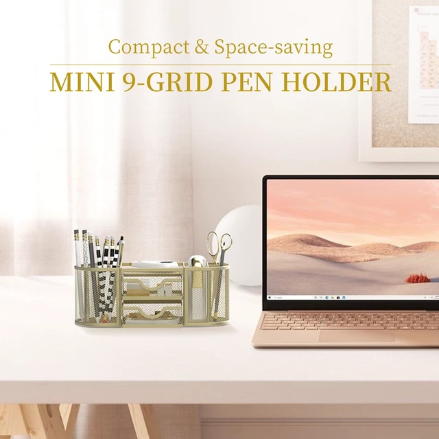 Alt view image 2 of 7 - Mesh Desk Organizer, Pen Holder for Desk with 2 Drawers, Yellow Desk Organizers and Accessories with 8 Compartments and 2 Drawers, Pencil Holder for Desk for Small Office Supplies