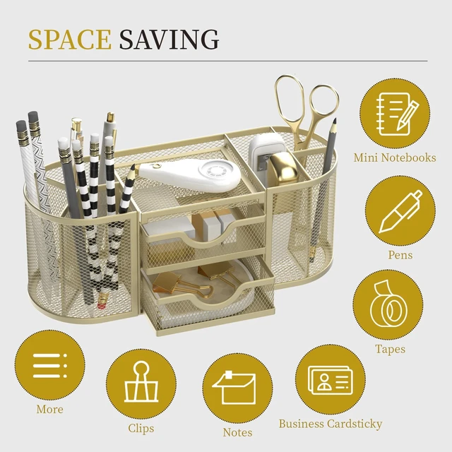 Alt view image 4 of 7 - Mesh Desk Organizer, Pen Holder for Desk with 2 Drawers, Yellow Desk Organizers and Accessories with 8 Compartments and 2 Drawers, Pencil Holder for Desk for Small Office Supplies