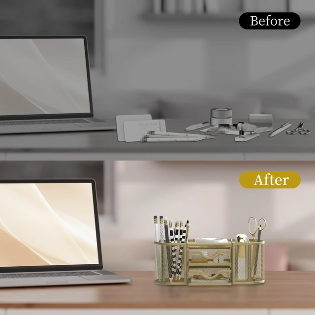 Alt view image 7 of 7 - Mesh Desk Organizer, Pen Holder for Desk with 2 Drawers, Yellow Desk Organizers and Accessories with 8 Compartments and 2 Drawers, Pencil Holder for Desk for Small Office Supplies