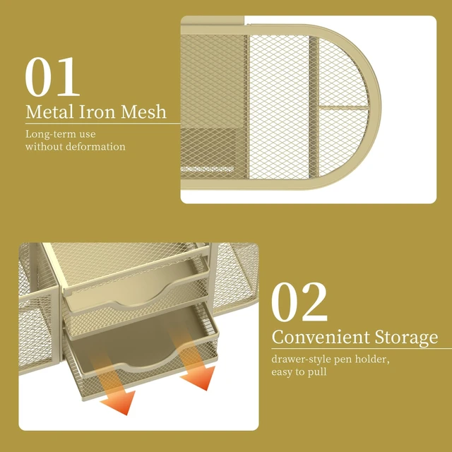 Alt view image 5 of 7 - Mesh Desk Organizer, Pen Holder for Desk with 2 Drawers, Yellow Desk Organizers and Accessories with 8 Compartments and 2 Drawers, Pencil Holder for Desk for Small Office Supplies