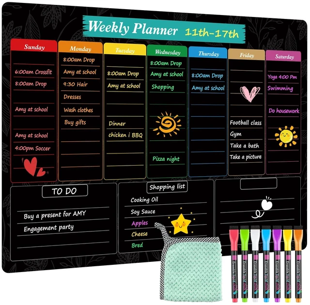 Main image of Black Weekly Dry Erase Board for Fridge,16"x12" Magnetic Blackboard Strong Magnetic Backing, Easy to Write and Clean, Dry Erase Surface and Stain Resistant with 7 Markers,1 Eraser and 1 Cloth