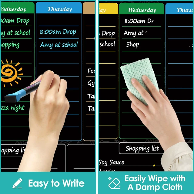 Alt view image 4 of 7 - Black Weekly Dry Erase Board for Fridge,16"x12" Magnetic Blackboard Strong Magnetic Backing, Easy to Write and Clean, Dry Erase Surface and Stain Resistant with 7 Markers,1 Eraser and 1 Cloth