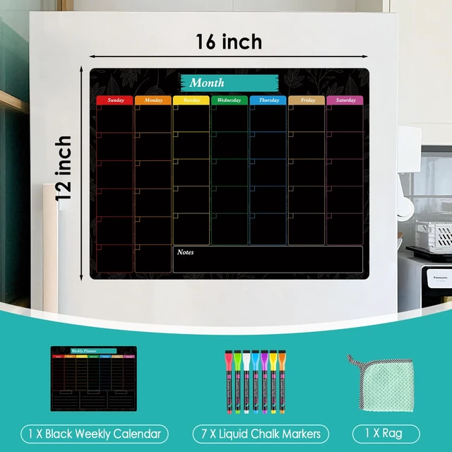 Alt view image 5 of 7 - Black Weekly Dry Erase Board for Fridge,16"x12" Magnetic Blackboard Strong Magnetic Backing, Easy to Write and Clean, Dry Erase Surface and Stain Resistant with 7 Markers,1 Eraser and 1 Cloth